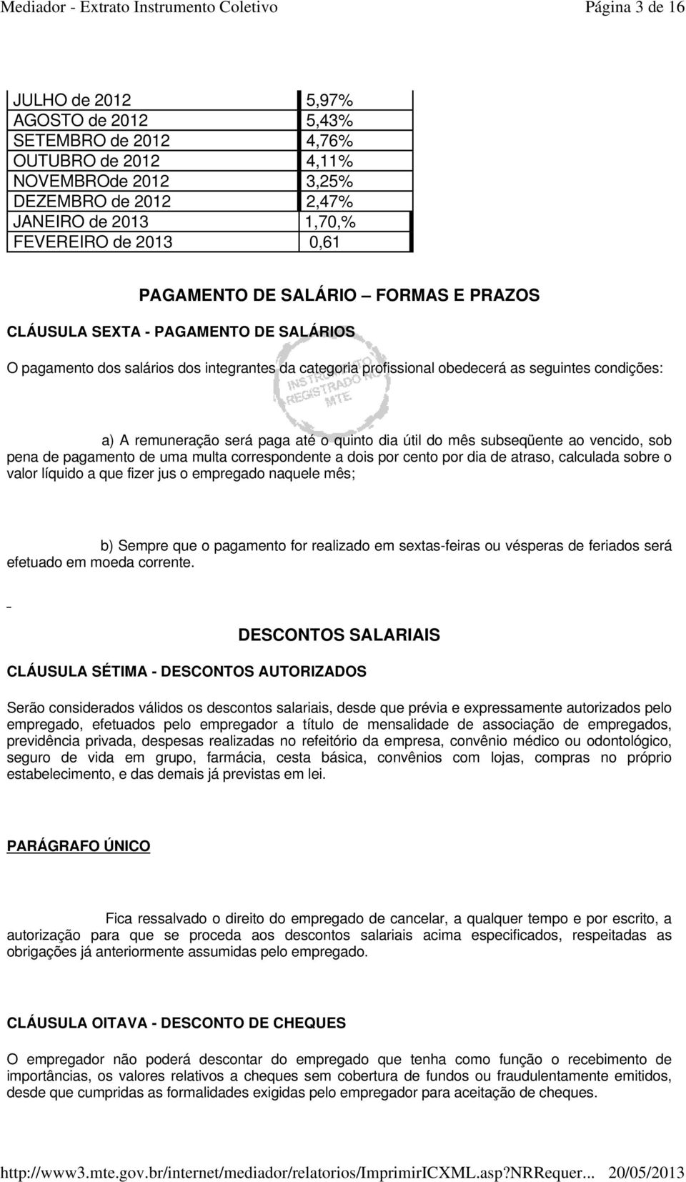 paga até o quinto dia útil do mês subseqüente ao vencido, sob pena de pagamento de uma multa correspondente a dois por cento por dia de atraso, calculada sobre o valor líquido a que fizer jus o