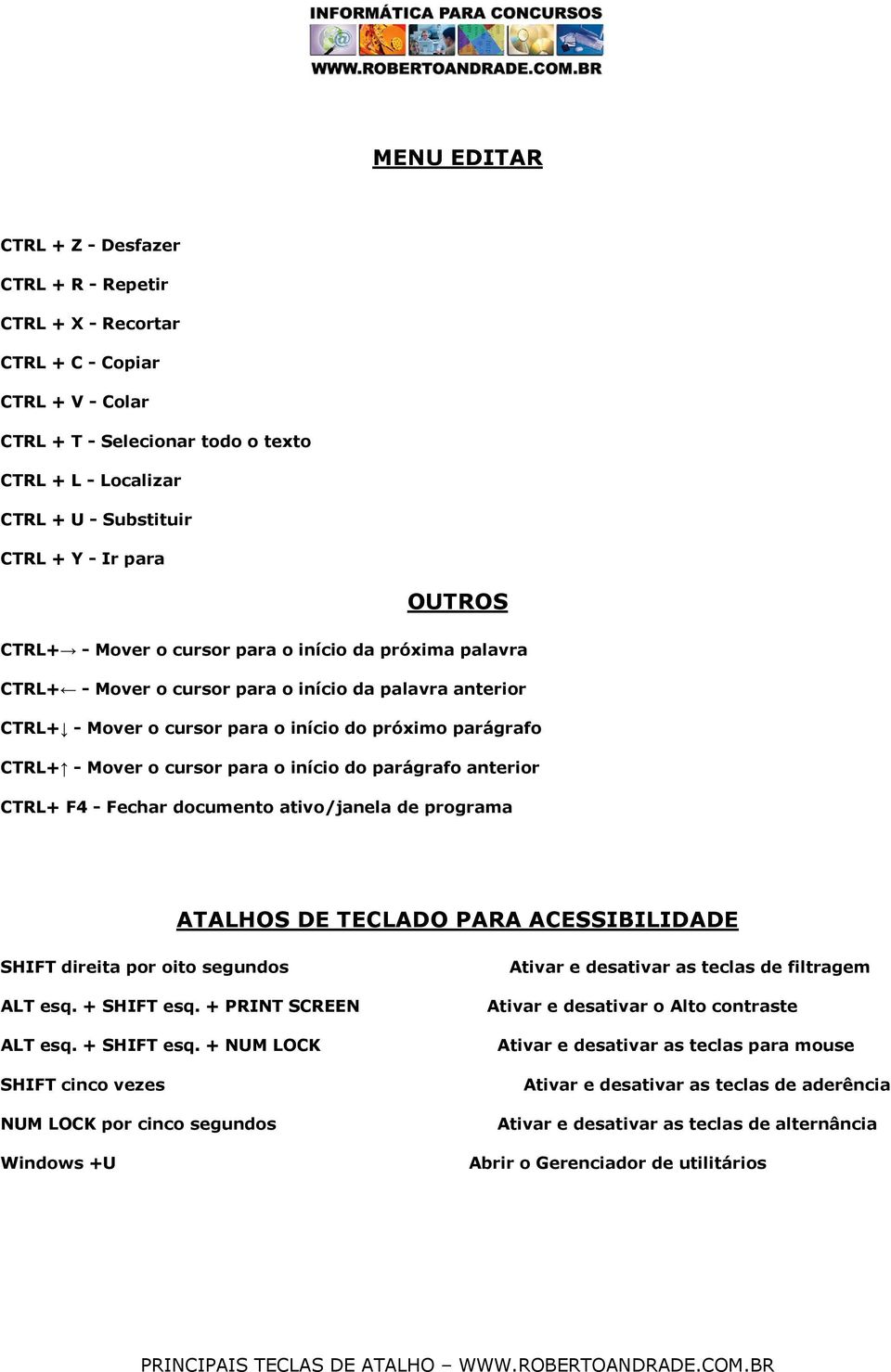 cursor para o início do parágrafo anterior CTRL+ F4 - Fechar documento ativo/janela de programa ATALHOS DE TECLADO PARA ACESSIBILIDADE SHIFT direita por oito segundos ALT esq. + SHIFT esq.