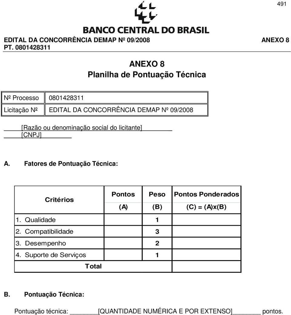 Fatores de Pontuação Técnica: Critérios Pontos Peso Pontos Ponderados (A) (B) (C) = (A)x(B) 1.