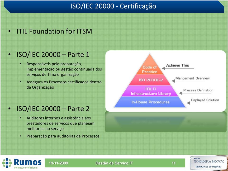Processos certificados dentro da Organização ISO/IEC 20000 Parte 2 Auditores internos e