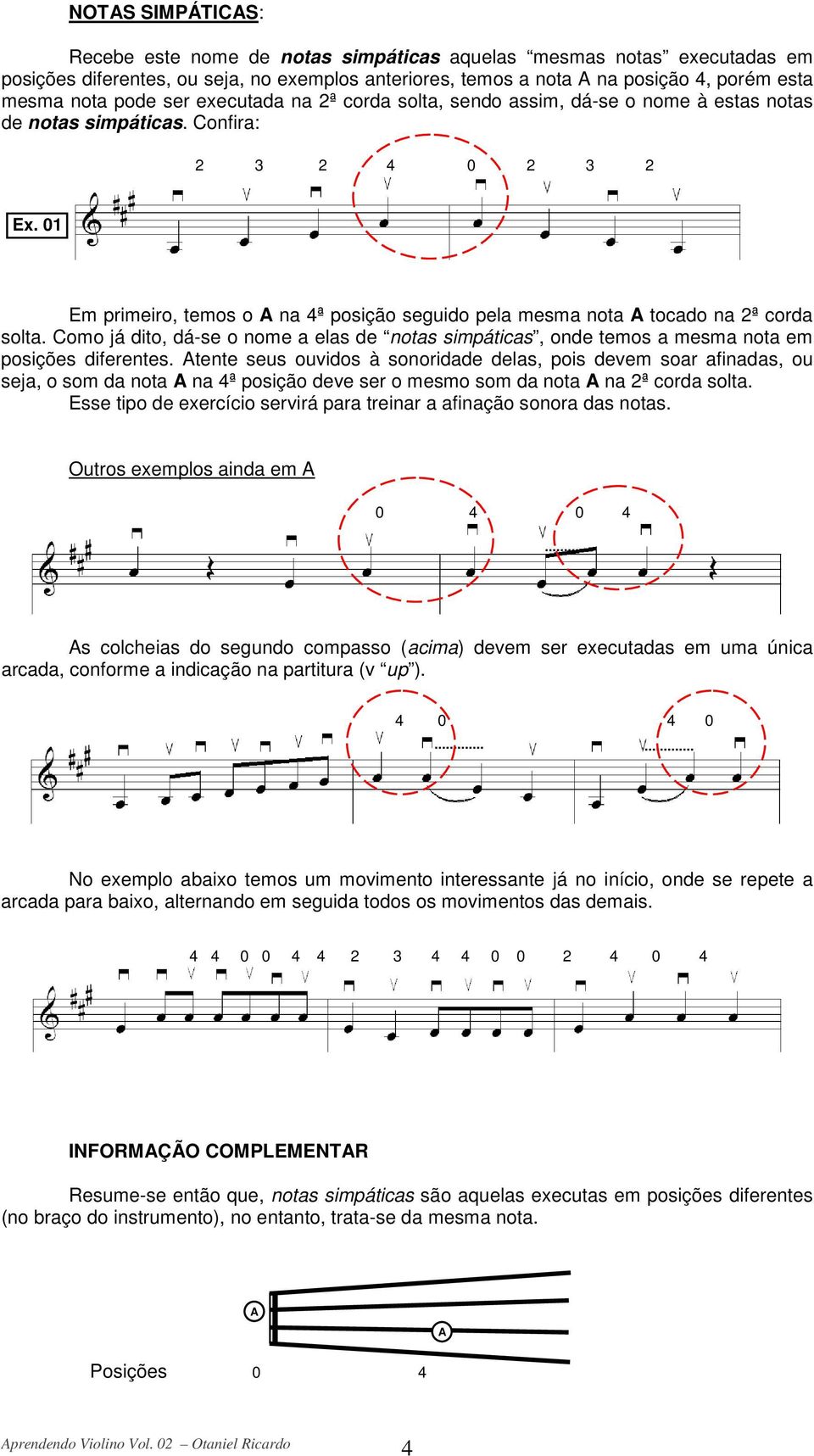 01 Em primeiro, temos o na 4ª posição seguido pela mesma nota tocado na 2ª corda solta. Como já dito, dá-se o nome a elas de notas simpáticas, onde temos a mesma nota em posições diferentes.