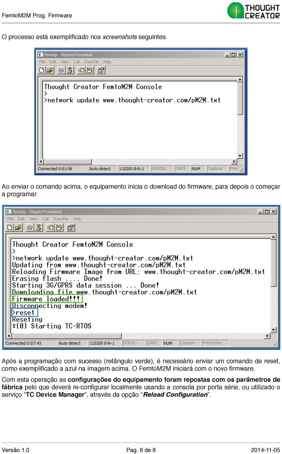 Após a programação com sucesso (retângulo verde), é necessário enviar um comando de reset, como exemplificado a azul na imagem acima.