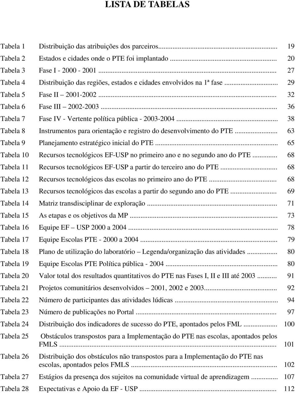.. 36 Tabela 7 Fase IV - Vertente política pública - 2003-2004... 38 Tabela 8 Instrumentos para orientação e registro do desenvolvimento do PTE... 63 Tabela 9 Planejamento estratégico inicial do PTE.