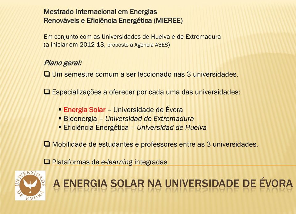 Especializações a oferecer por cada uma das universidades: Energia Solar Universidade de Évora Bioenergia Universidad de Extremadura