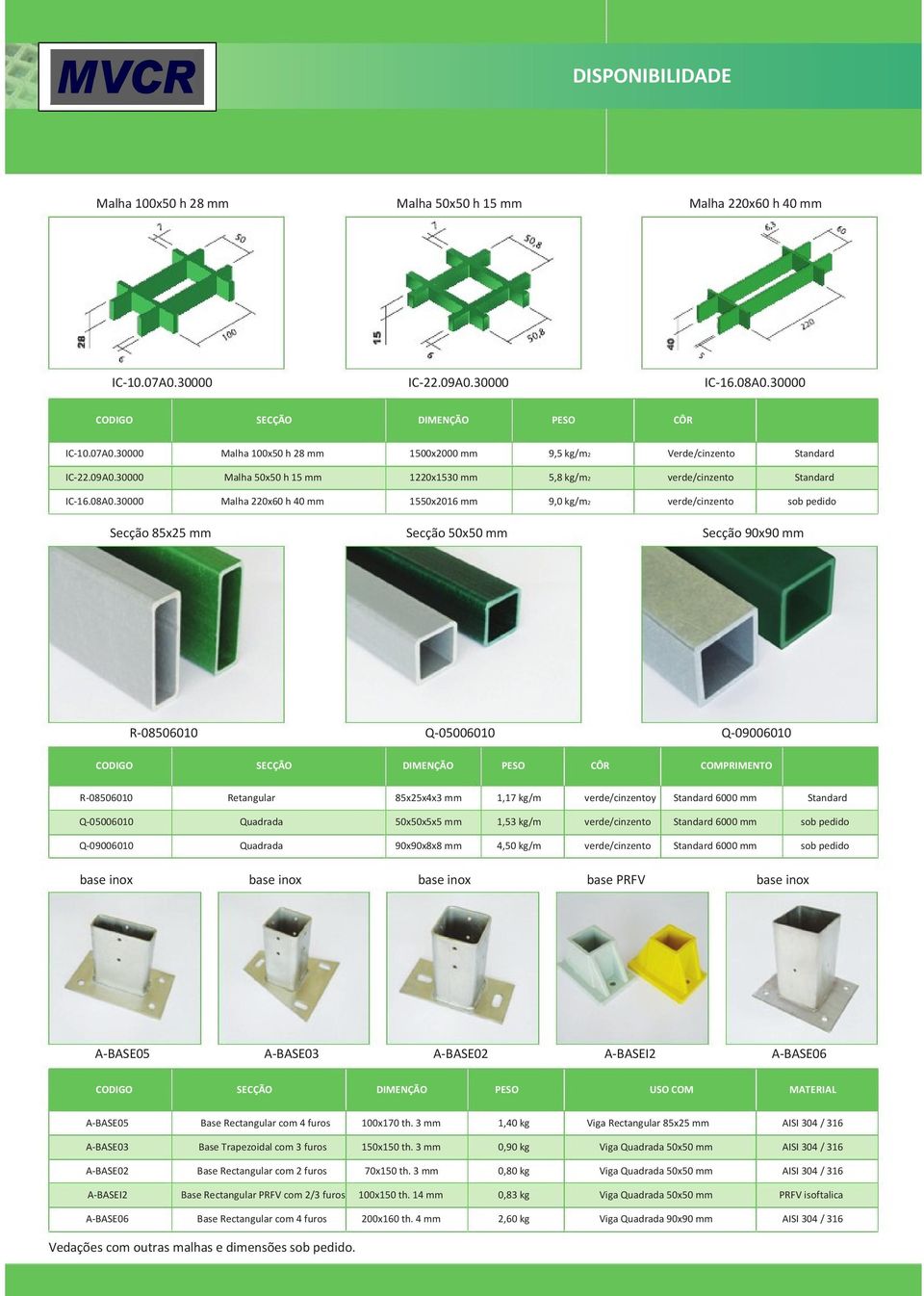 0000 Malha 2x60 h 40 mm 10x16 mm 9,0 kg/m2 verde/cinzento sob pedido Secção x mm Secção 0x0 mm Secção 90x90 mm R006010 Q0006010 Q09006010 CÔR COMPRIMENTO R006010 Retangular xx4x mm 1,17 kg/m