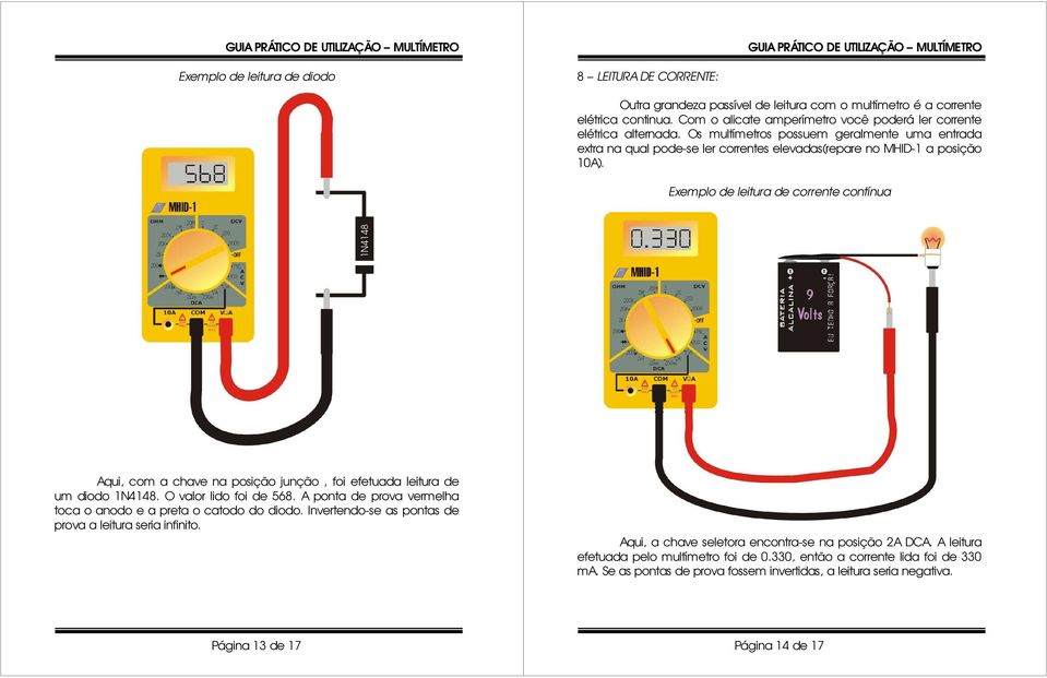Exemplo de leitura de corrente contínua Aqui, com a chave na posição junção, foi efetuada leitura de um diodo 1N4148. O valor lido foi de 568.