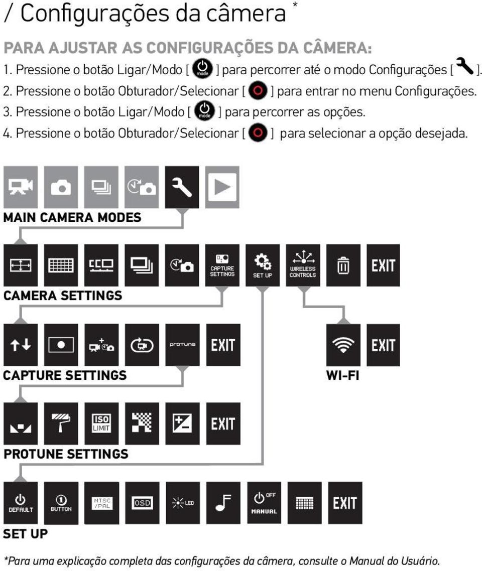 Pressione o botão Obturador/Selecionar [ ] para entrar no menu Configurações. 3.