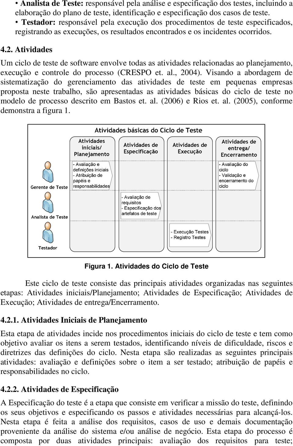 Atividades Um ciclo de teste de software envolve todas as atividades relacionadas ao planejamento, execução e controle do processo (CRESPO et. al., 2004).