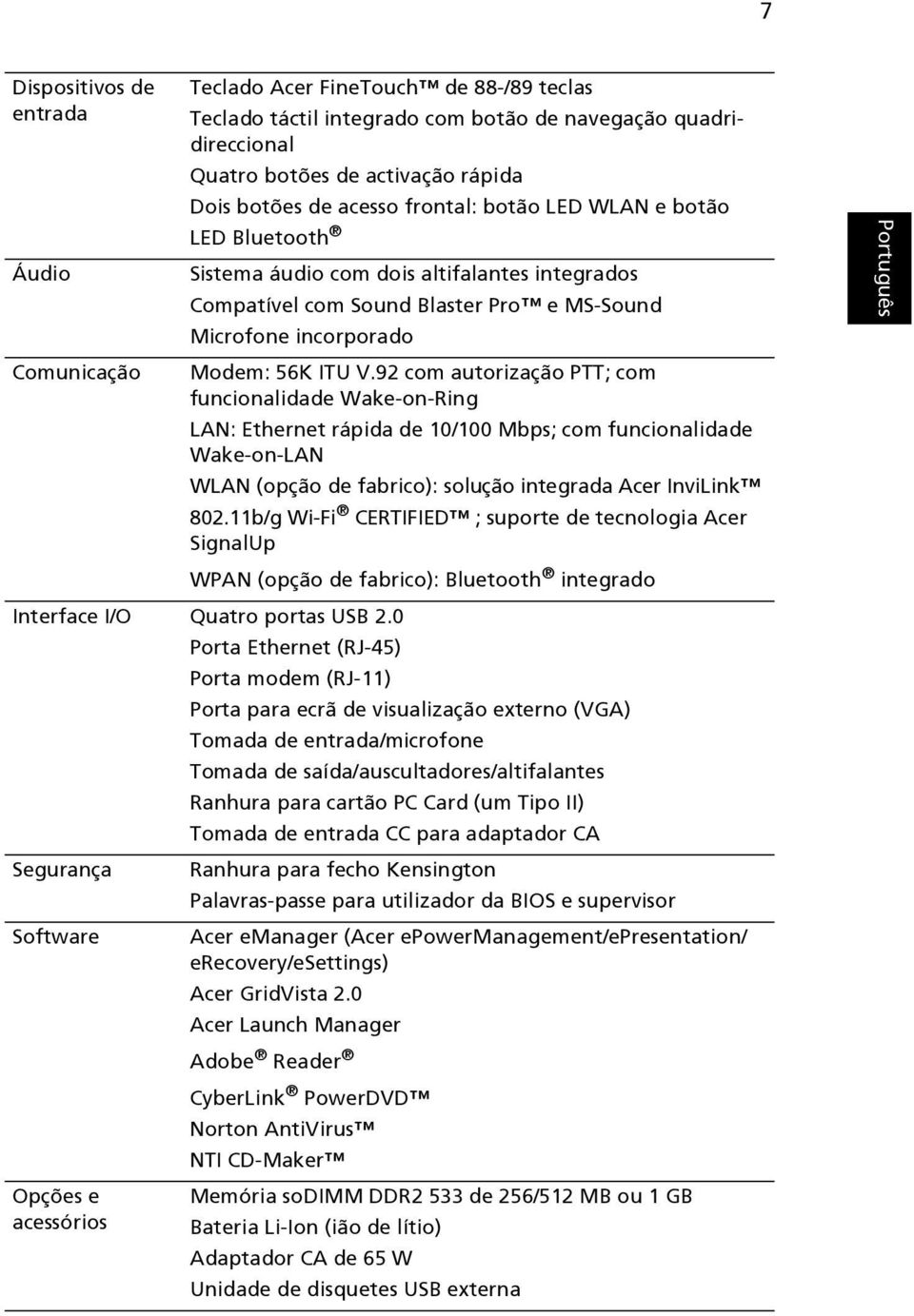 92 com autorização PTT; com funcionalidade Wake-on-Ring LAN: Ethernet rápida de 10/100 Mbps; com funcionalidade Wake-on-LAN WLAN (opção de fabrico): solução integrada Acer InviLink 802.