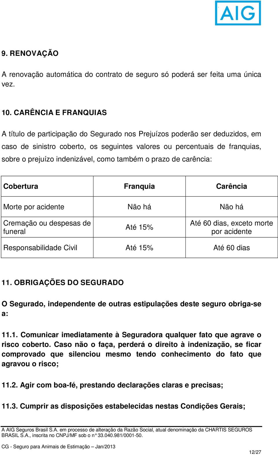 indenizável, como também o prazo de carência: Cobertura Franquia Carência Morte por acidente Não há Não há Cremação ou despesas de funeral Até 15% Até 60 dias, exceto morte por acidente