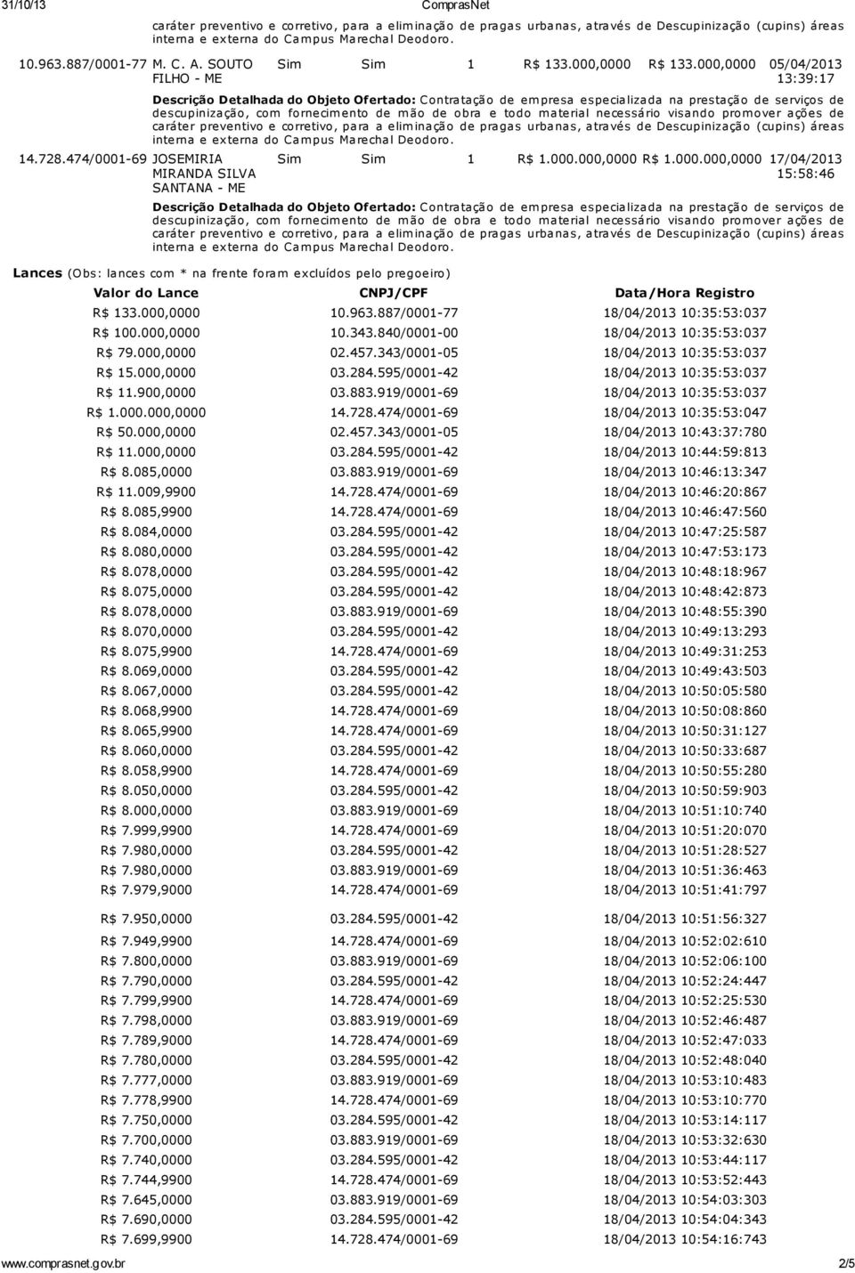 919/0001-69 10:35:53:037 R$ 1.000.000,0000 14.728.474/0001-69 10:35:53:047 R$ 50.000,0000 02.457.343/0001-05 10:43:37:780 R$ 11.000,0000 10:44:59:813 R$ 8.085,0000 03.883.