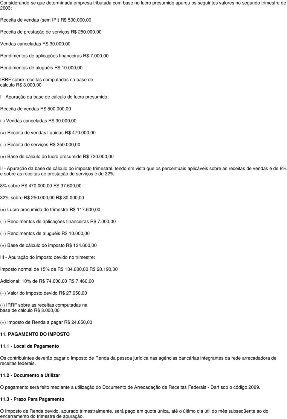 000,00 IRRF sobre receitas computadas na base de cálculo R$ 3.000,00 I - Apuração da base de cálculo do lucro presumido: Receita de vendas R$ 500.000,00 (-) Vendas canceladas R$ 30.