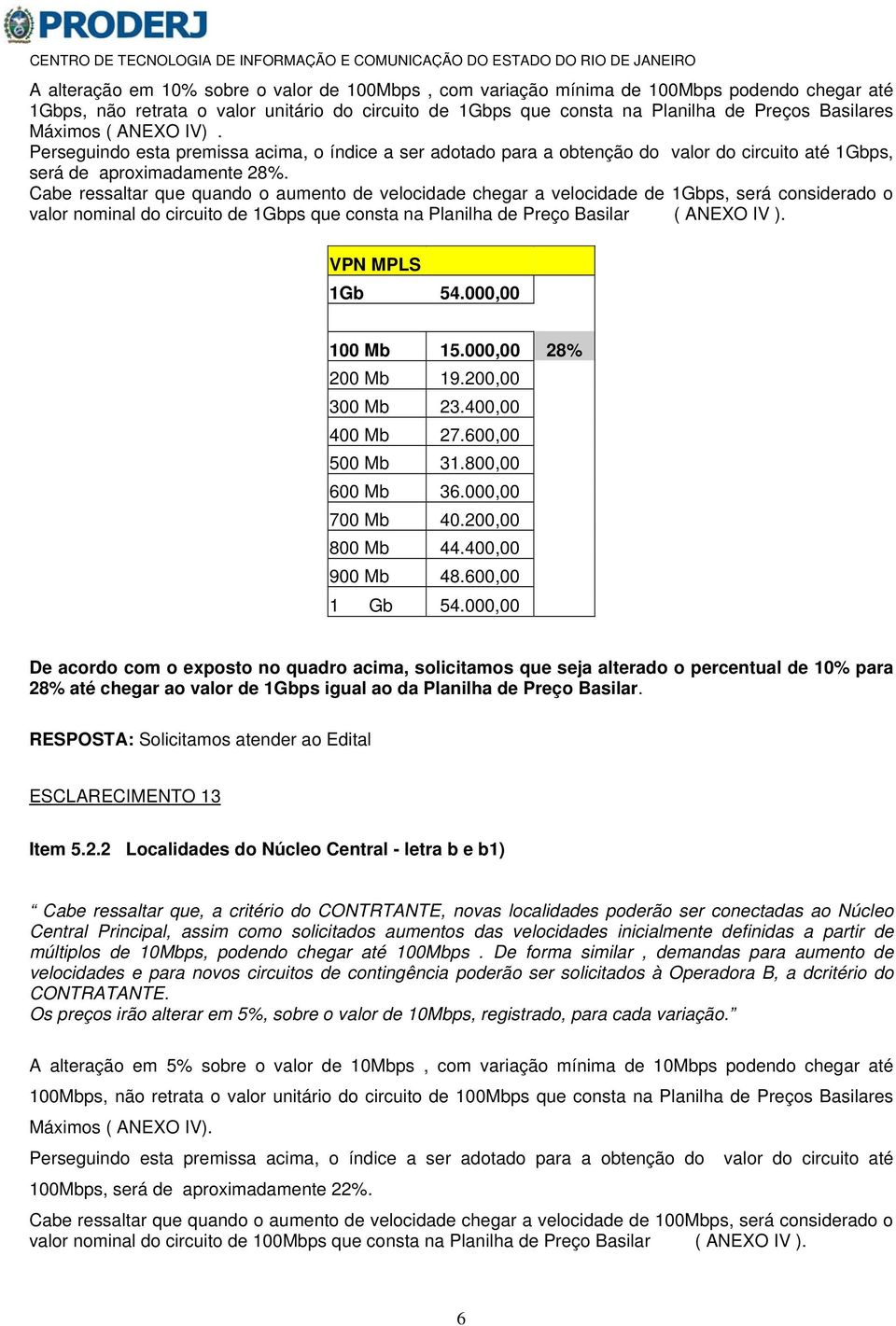 Cabe ressaltar que quando o aumento de velocidade chegar a velocidade de 1Gbps, será considerado o valor nominal do circuito de 1Gbps que consta na Planilha de Preço Basilar ( ANEXO IV ).