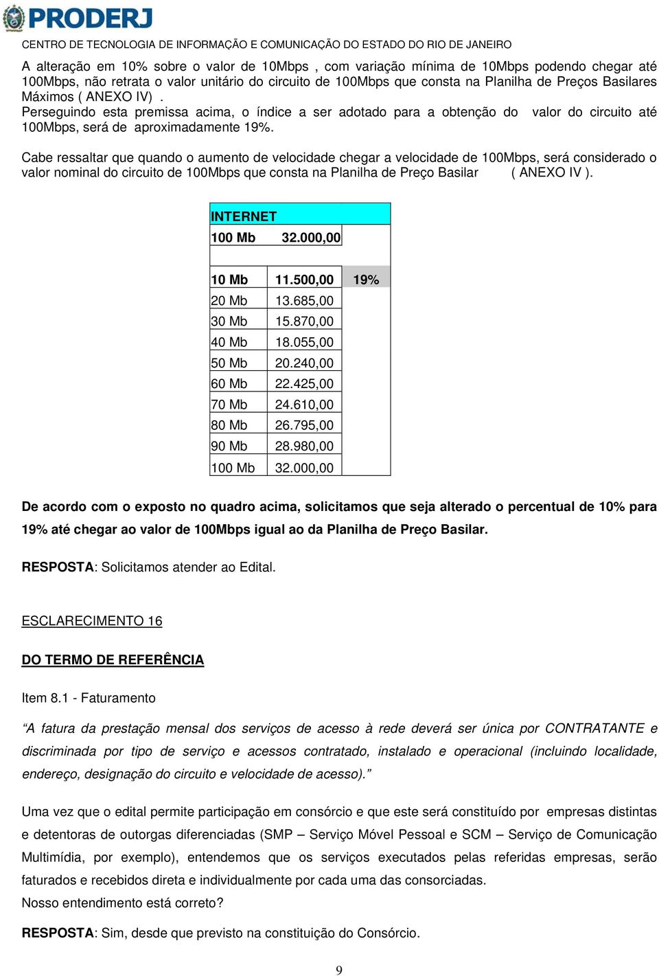 Cabe ressaltar que quando o aumento de velocidade chegar a velocidade de 100Mbps, será considerado o valor nominal do circuito de 100Mbps que consta na Planilha de Preço Basilar ( ANEXO IV ).