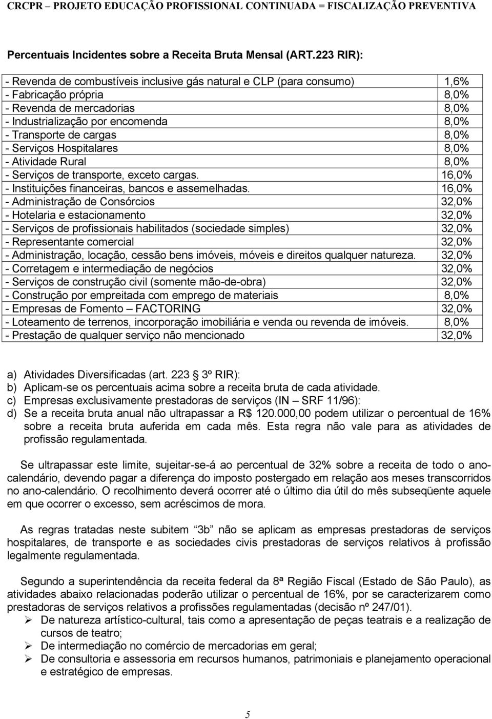 cargas 8,0% - Serviços Hospitalares 8,0% - Atividade Rural 8,0% - Serviços de transporte, exceto cargas. 16,0% - Instituições financeiras, bancos e assemelhadas.