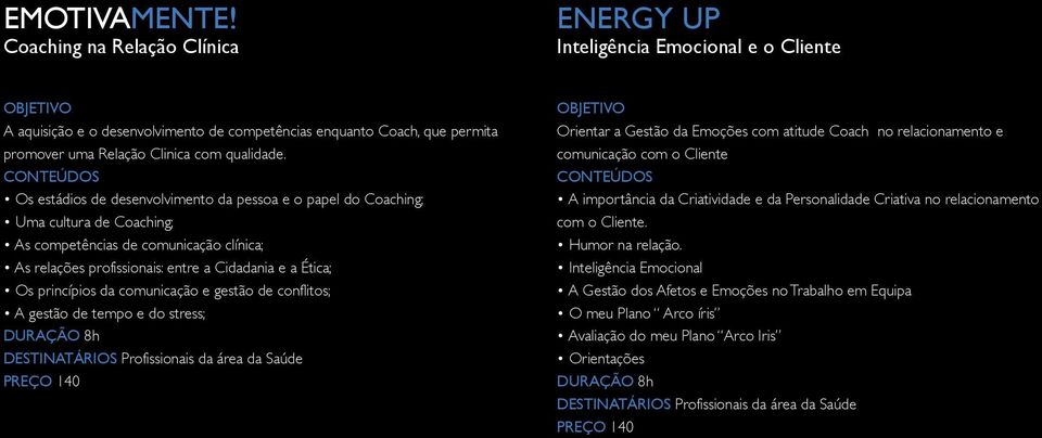 Os estádios de desenvolvimento da pessoa e o papel do Coaching; Uma cultura de Coaching; As competências de comunicação clínica; As relações profissionais: entre a Cidadania e a Ética; Os princípios