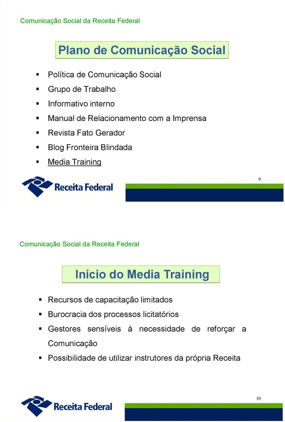 Comunicação Social da Receita Federal Início do Media Training Recursos de capacitação limitados Burocracia dos processos