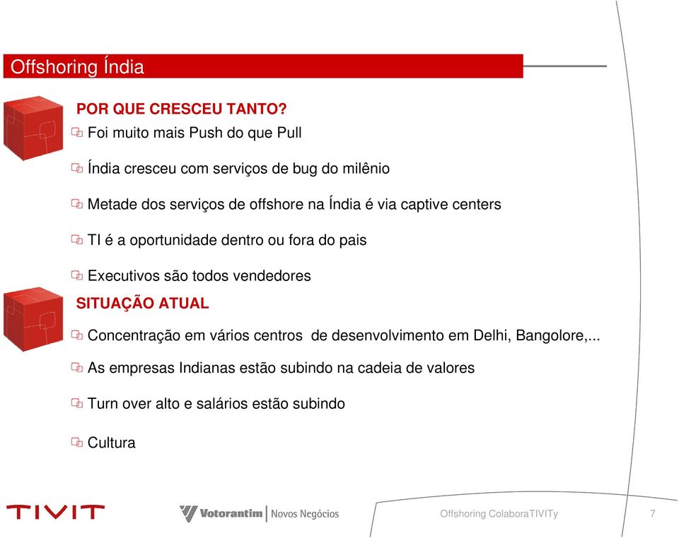 Índia é via captive centers TI é a oportunidade dentro ou fora do pais Executivos são todos vendedores SITUAÇÃO