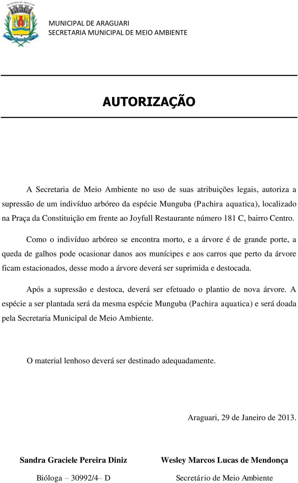 Como o indivíduo arbóreo se encontra morto, e a árvore é de grande porte, a queda de galhos pode ocasionar danos aos munícipes e aos carros que perto da árvore ficam estacionados, desse modo a árvore