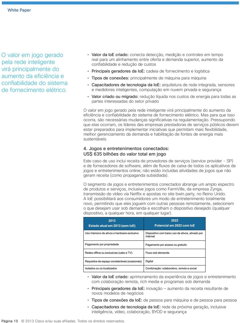 IoE: cadeia de fornecimento e logística Tipos de conexões: principalmente de máquina para máquina Capacitadores de tecnologia da IoE: arquitetura de rede integrada, sensores e medidores inteligentes,