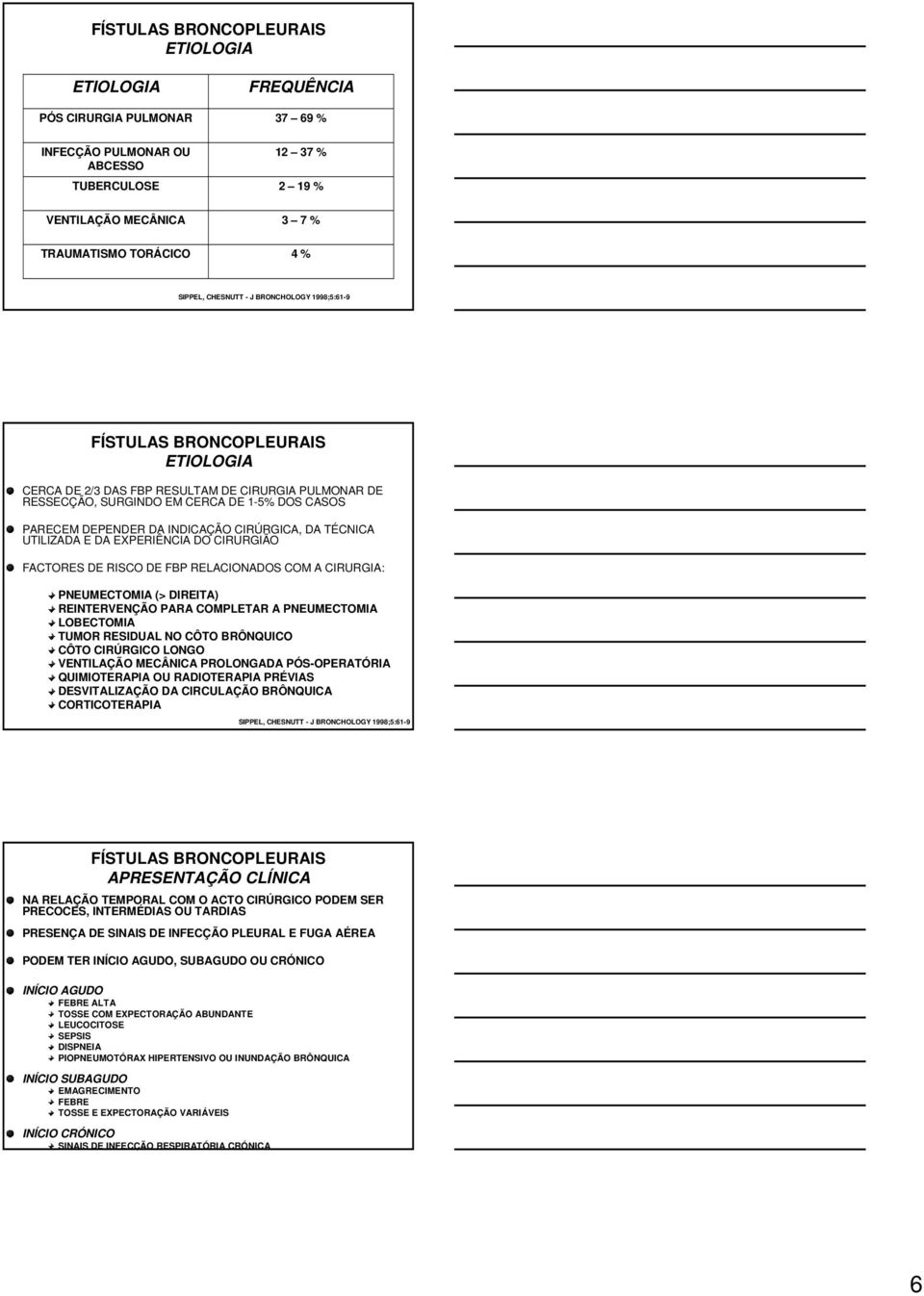 DA EXPERIÊNCIA DO CIRURGIÃO FACTORES DE RISCO DE FBP RELACIONADOS COM A CIRURGIA: PNEUMECTOMIA (> DIREITA) REINTERVENÇÃO PARA COMPLETAR A PNEUMECTOMIA LOBECTOMIA TUMOR RESIDUAL NO CÔTO BRÔNQUICO CÔTO