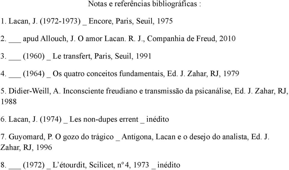 Inconsciente freudiano e transmissão da psicanálise, Ed. J. Zahar, RJ, 1988 6. Lacan, J. (1974) _ Les non-dupes errent _ inédito 7. Guyomard, P.