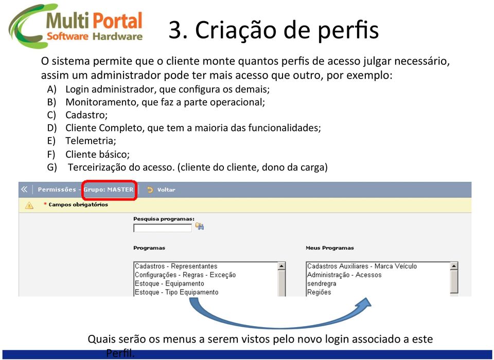 operacional; C) Cadastro; D) Cliente Completo, que tem a maioria das funcionalidades; E) Telemetria; F) Cliente básico; G)