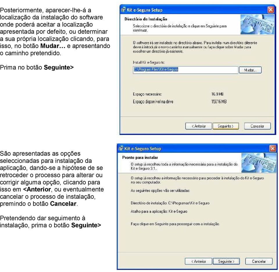 Prima no botão Seguinte> São apresentadas as opções seleccionadas para instalação da aplicação, dando-se a hipótese de se retroceder o processo para