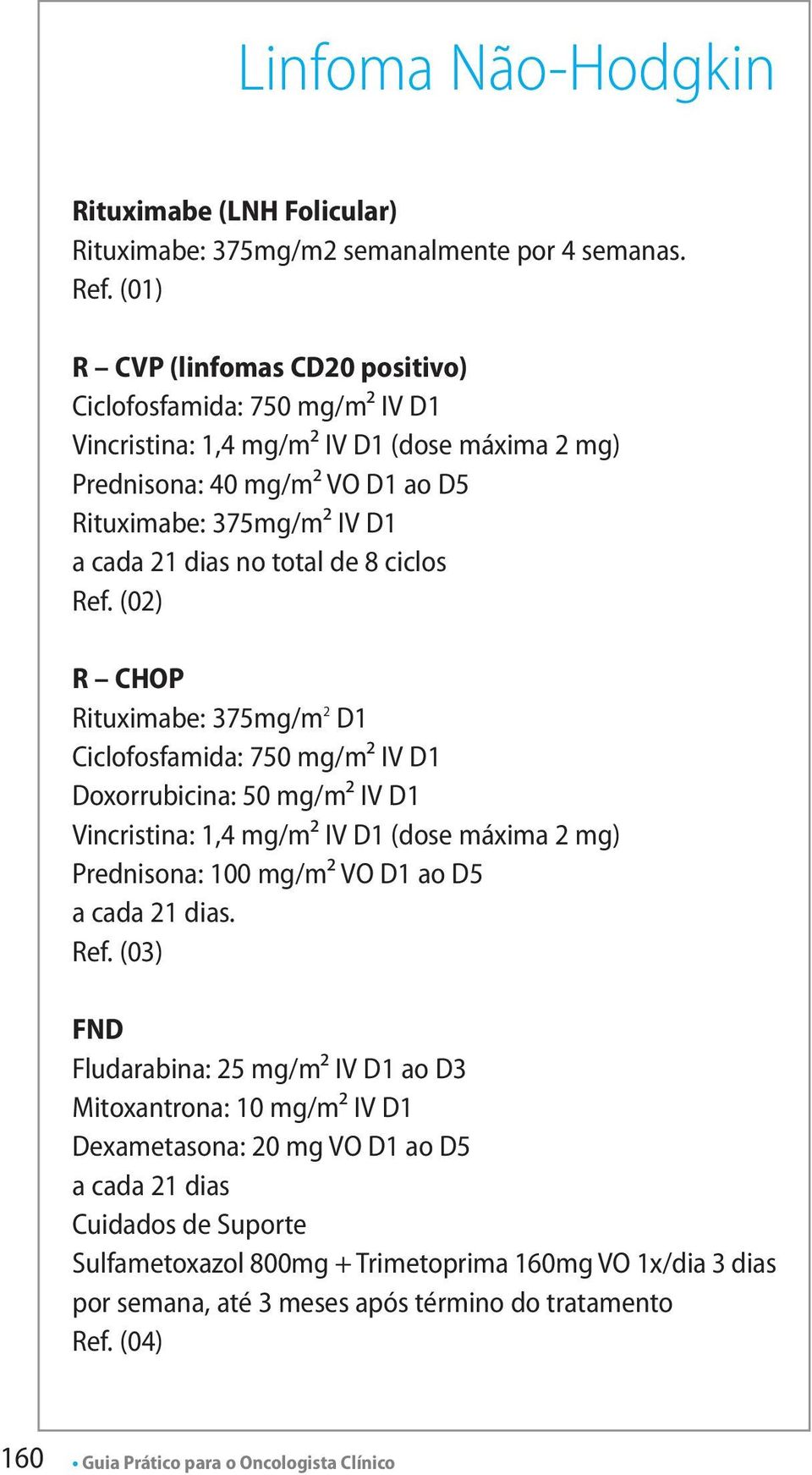 ciclos Ref. (02) R CHOP Rituximabe: 375mg/m 2 D1 Ciclofosfamida: 750 mg/m² IV D1 Doxorrubicina: 50 mg/m² IV D1 Vincristina: 1,4 mg/m² IV D1 (dose máxima 2 mg) Prednisona: 100 mg/m² VO D1 ao D5.