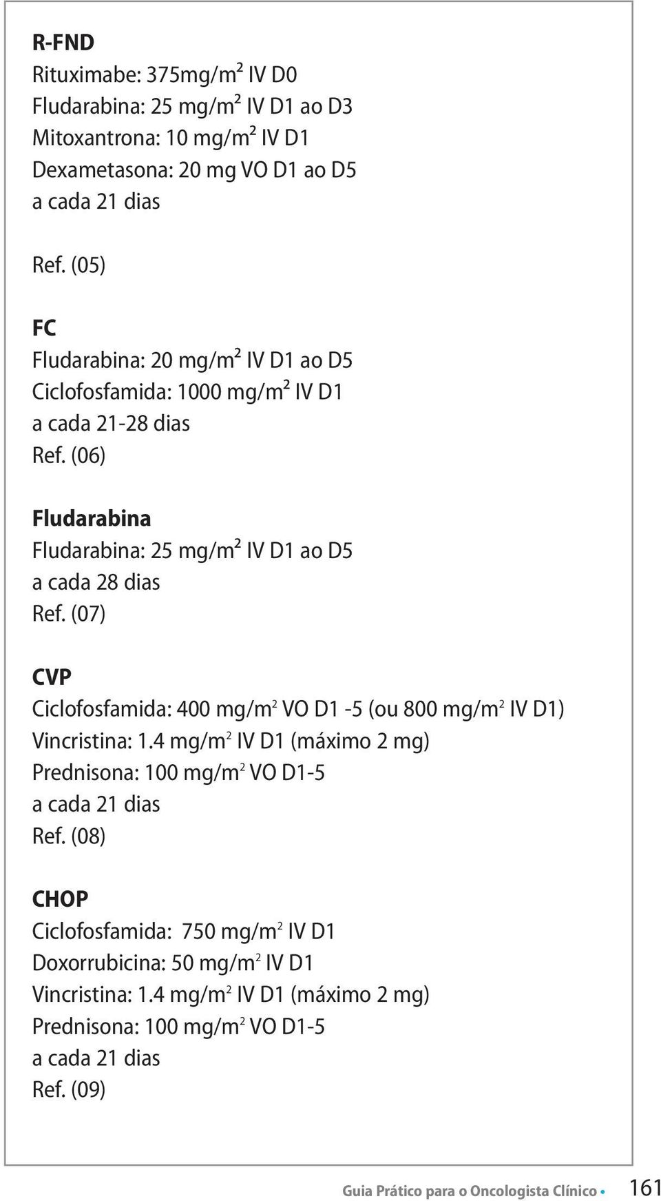 (06) Fludarabina Fludarabina: 25 mg/m² IV D1 ao D5 a cada 28 dias Ref. (07) CVP Ciclofosfamida: 400 mg/m 2 VO D1-5 (ou 800 mg/m 2 IV D1) Vincristina: 1.