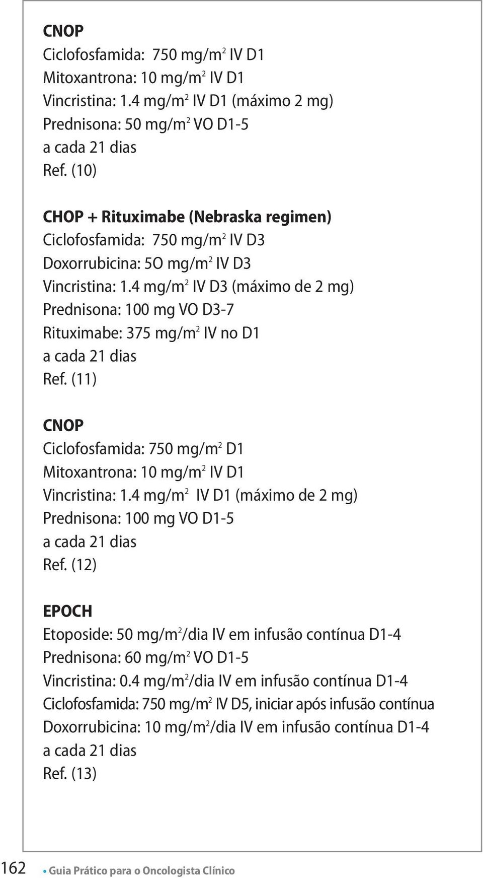 4 mg/m 2 IV D3 (máximo de 2 mg) Prednisona: 100 mg VO D3-7 Rituximabe: 375 mg/m 2 IV no D1 Ref. (11) CNOP Ciclofosfamida: 750 mg/m 2 D1 Mitoxantrona: 10 mg/m 2 IV D1 Vincristina: 1.