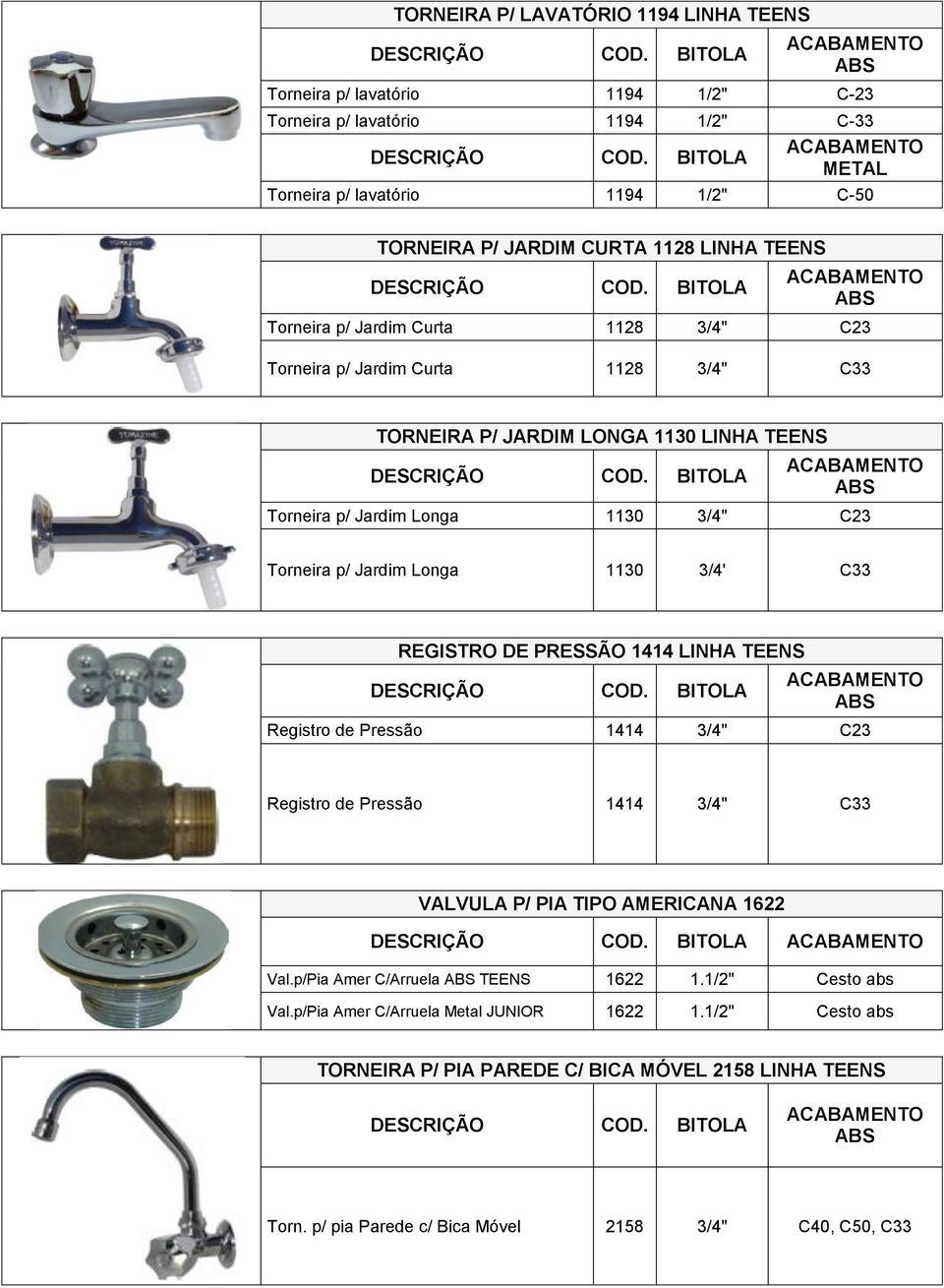 Longa 1130 3/4' C33 REGISTRO DE PRESSÃO 1414 LINHA TEENS Registro de Pressão 1414 3/4" C23 Registro de Pressão 1414 3/4" C33 VALVULA P/ PIA TIPO AMERICANA 1622 Val.