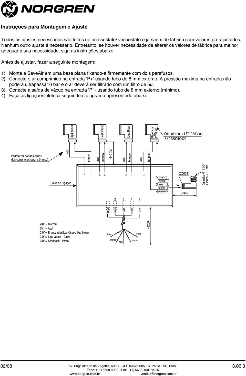 Antes de ajustar, fazer a seguinte montagem: ) Monte a SaveAir em uma base plana fixando-a firmemente com dois parafusos. 2) Conecte o ar comprimido na entrada P+ usando tubo de 8 mm externo.