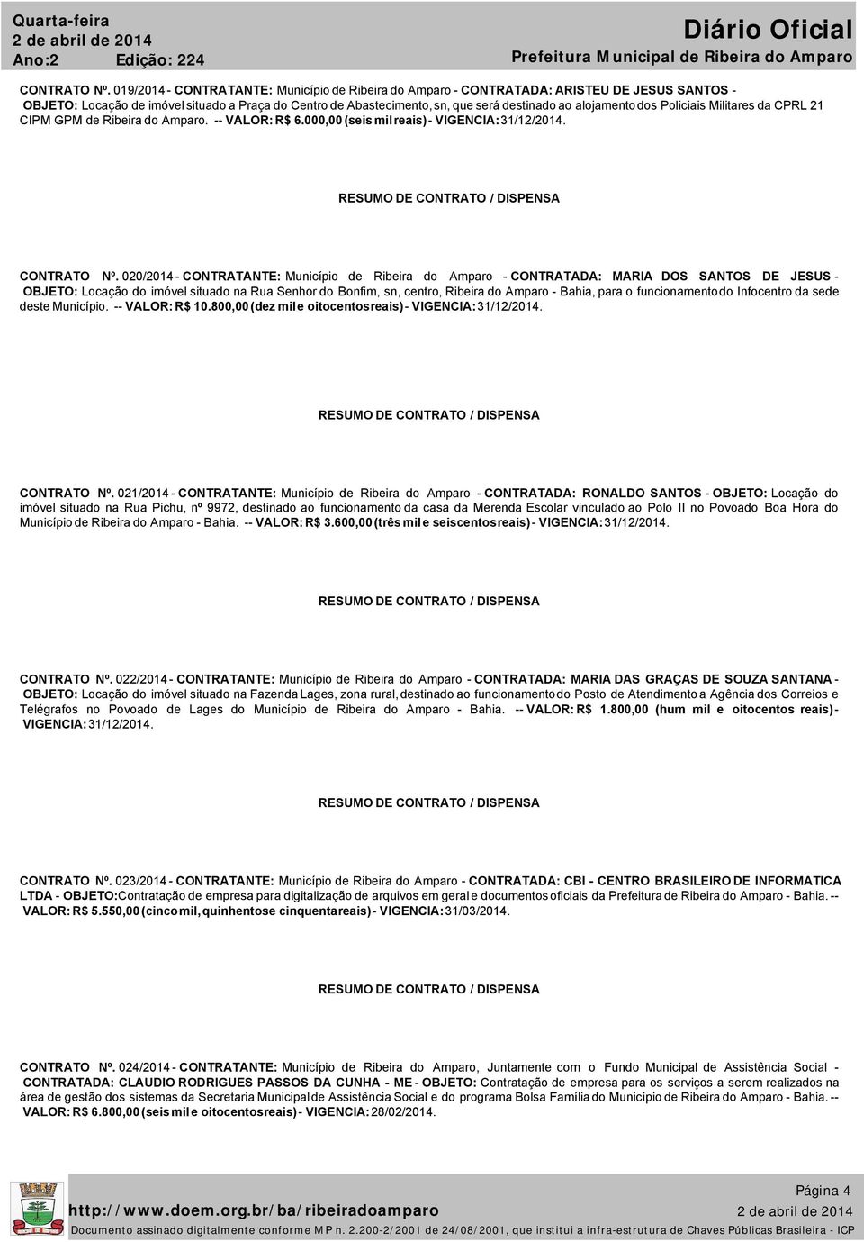 alojamento dos Policiais Militares da CPRL 21 CIPM GPM de Ribeira do Amparo. -- VALOR: R$ 6.000,00 (seis mil reais) - VIGENCIA: 31/12/2014. CONTRATO Nº.