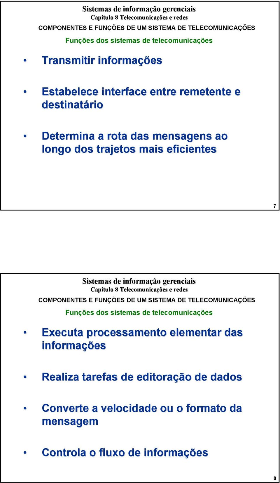 Funções dos sistemas de telecomunicações Executa processamento elementar das informações Realiza