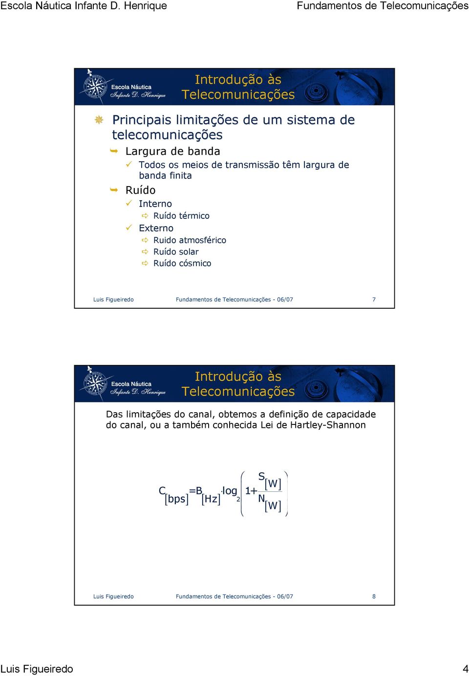 Figueiredo Fundamentos de - 6/7 7 Das limitações do canal, obtemos a definição de capacidade do canal, ou a também