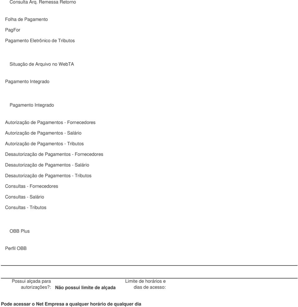 Pagamentos - Fornecedores Autorização de Pagamentos - Salário Autorização de Pagamentos - Tributos Desautorização de Pagamentos - Fornecedores Desautorização de