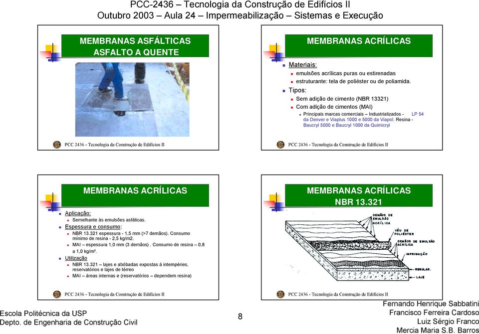 Resina - Baucryl 5000 e Baucryl 1000 da Quimicryl MEMBRANAS ACRÍLICAS Aplicação: Semelhante às emulsões asfáticas. Espessura e consumo: NBR 13.321 espessura - 1,5 mm (>7 demãos).