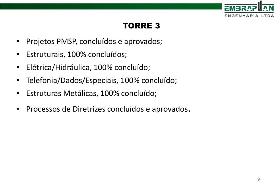 Telefonia/Dados/Especiais, 100% concluído; Estruturas