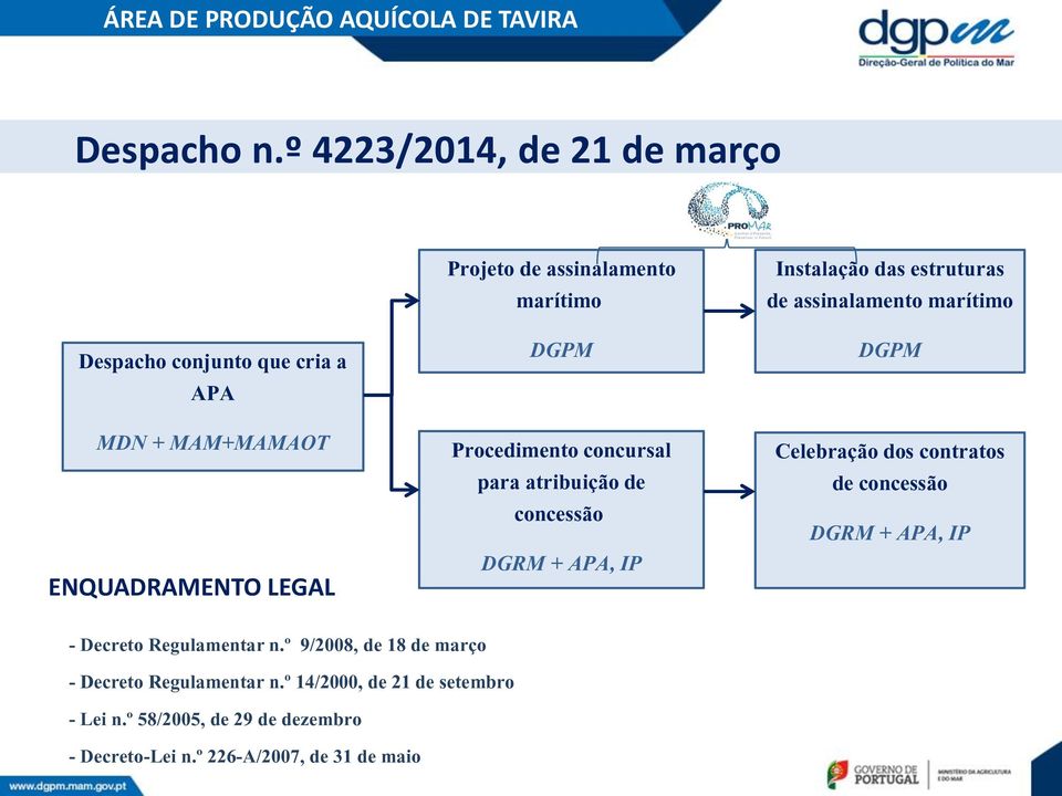 marítimo DGPM Procedimento concursal para atribuição de concessão DGRM + APA, IP Instalação das estruturas de assinalamento