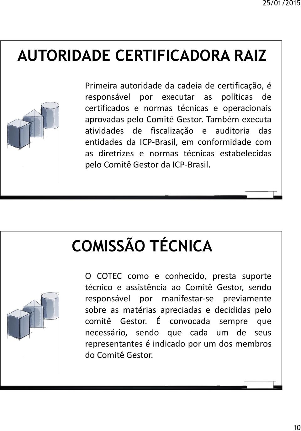 Também executa atividades de fiscalização e auditoria das entidades da ICP-Brasil, em conformidade com as diretrizes e normas técnicas estabelecidas pelo Comitê Gestor da