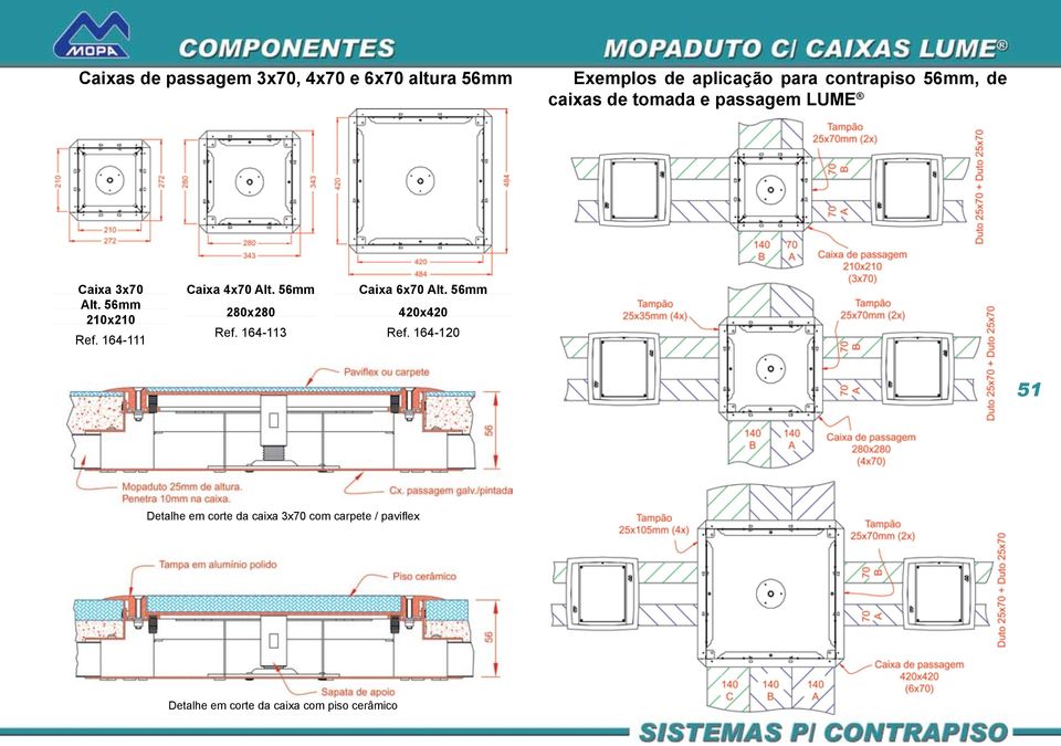 164-111 Caixa 4x70 Alt. 56mm 280x280 Ref. 164-113 Caixa 6x70 Alt. 56mm 420x420 Ref.