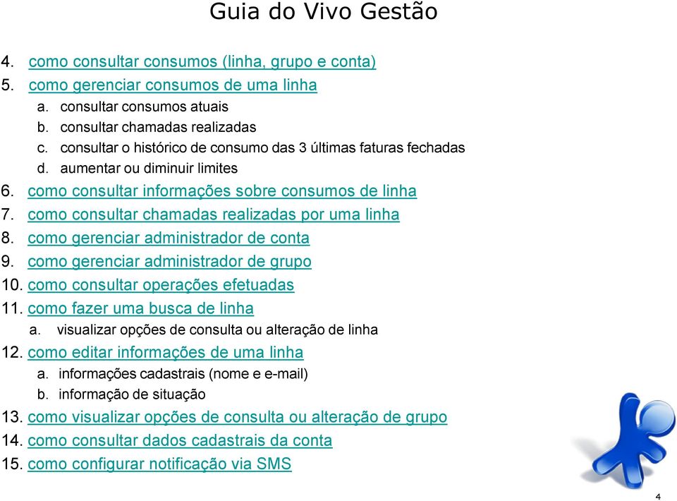 como consultar chamadas realizadas por uma linha 8. como gerenciar administrador de conta 9. como gerenciar administrador de grupo 10. como consultar operações efetuadas 11.