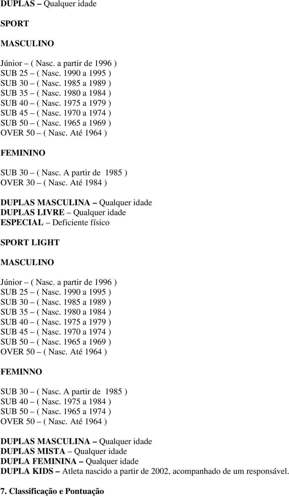 Até 1984 ) DUPLAS MASCULINA Qualquer idade DUPLAS LIVRE Qualquer idade ESPECIAL Deficiente físico SPORT LIGHT MASCULINO Júnior ( Nasc. a partir de 1996 ) SUB 25 ( Nasc. 1990 a 1995 ) SUB 30 ( Nasc.