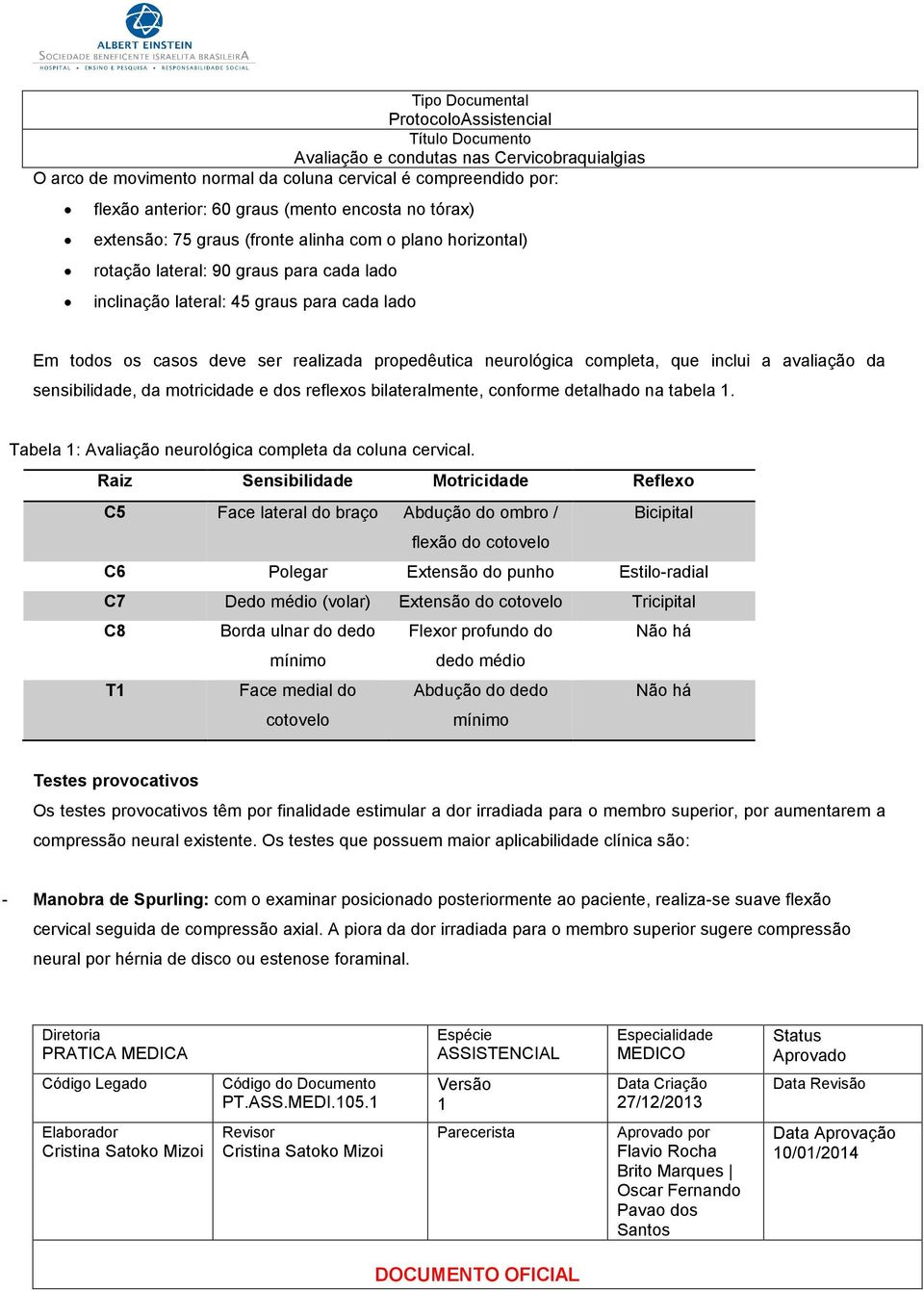 reflexos bilateralmente, conforme detalhado na tabela. Tabela : Avaliação neurológica completa da coluna cervical.