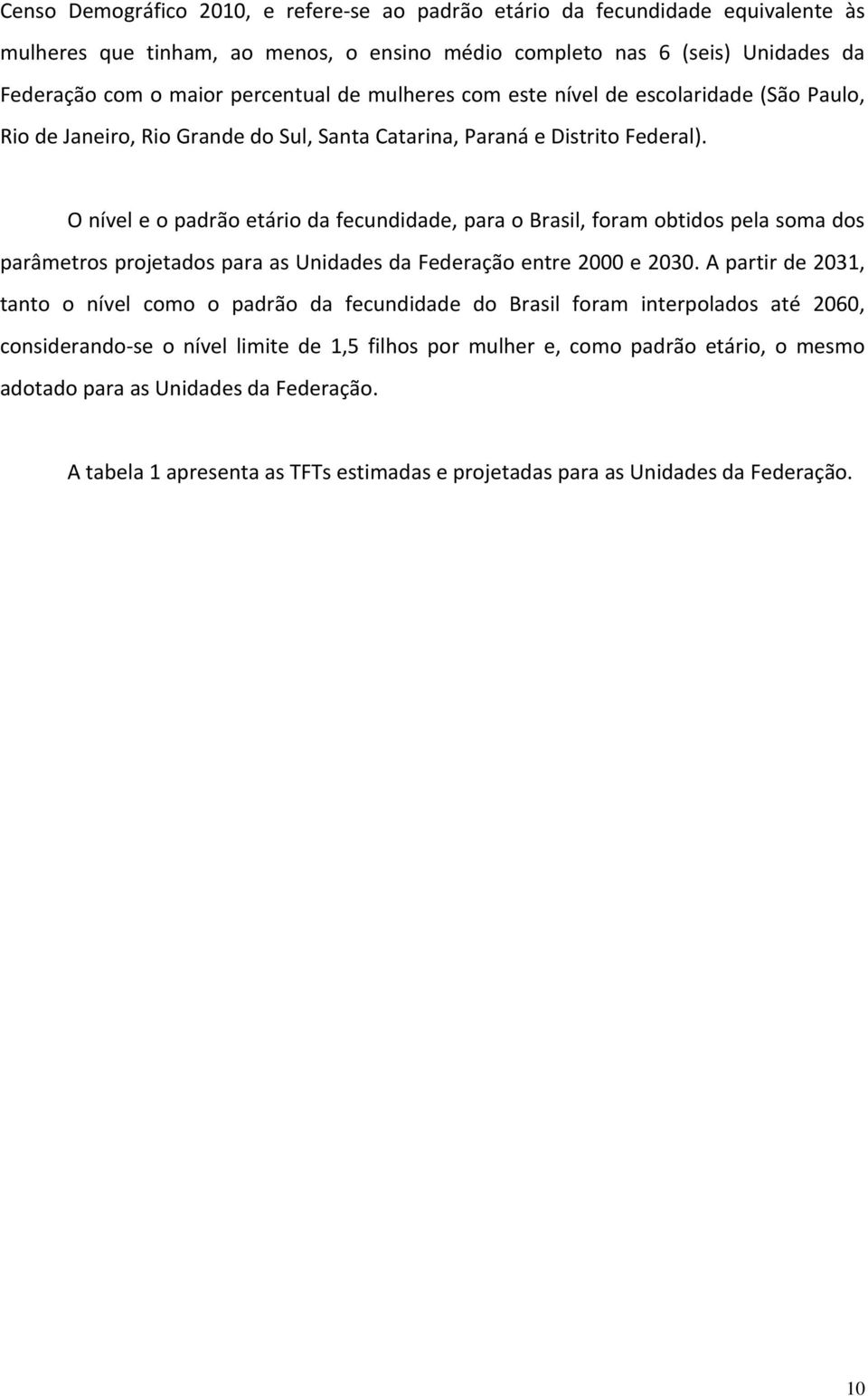 O nível e o padrão etário da fecundidade, para o Brasil, foram obtidos pela soma dos parâmetros projetados para as Unidades da Federação entre 2000 e 2030.