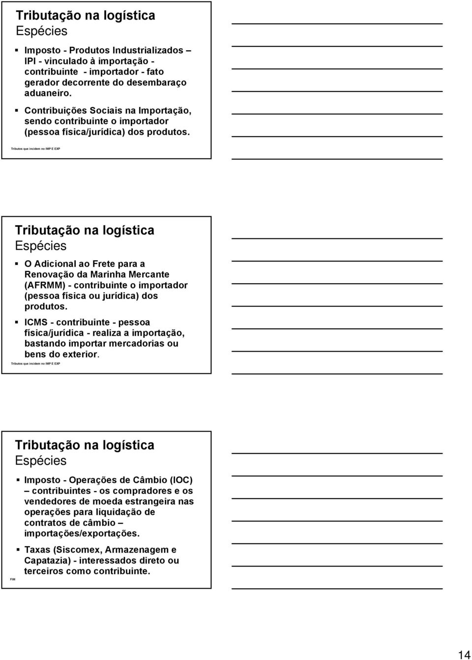 Tributos que incidem no IMP E EXP Tributação na logística Espécies O Adicional ao Frete para a Renovação da Marinha Mercante (AFRMM) - contribuinte o importador (pessoa física ou jurídica) dos