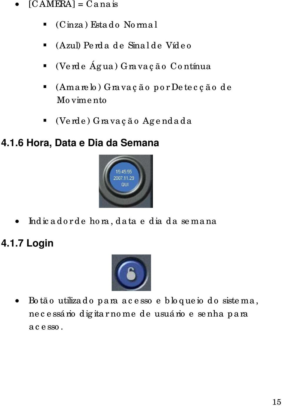 1.6 Hora, Data e Dia da Semana Indicador de hora, data e dia da semana 4.1.7 Login Botão