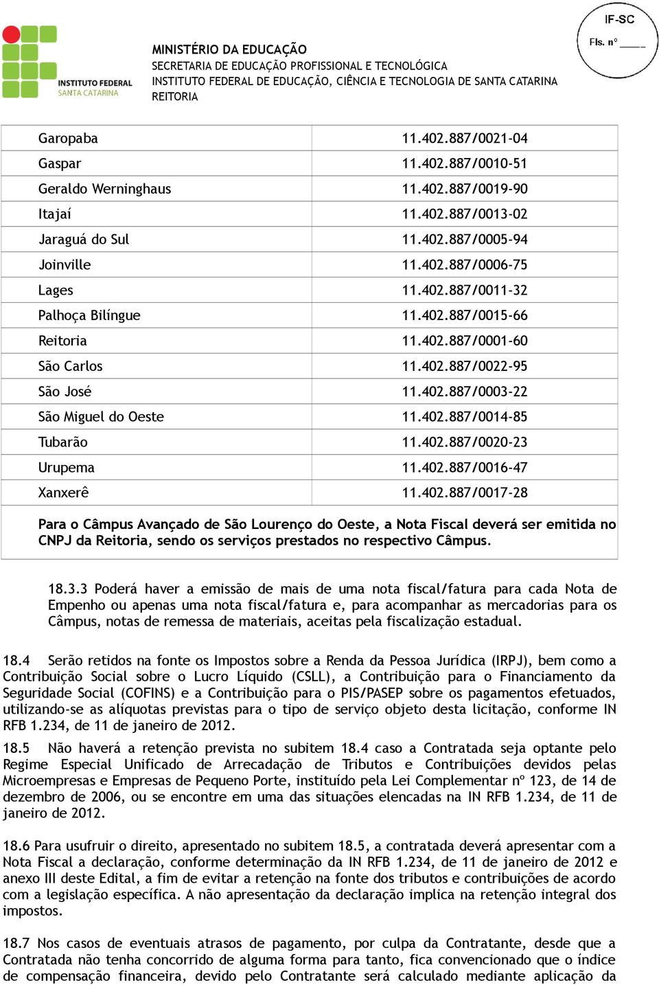402.887/0017-28 Para o Câmpus Avançado de São Lourenço do Oeste, a Nota Fiscal deverá ser emitida no CNPJ da Reitoria, sendo os serviços prestados no respectivo Câmpus. 18.3.