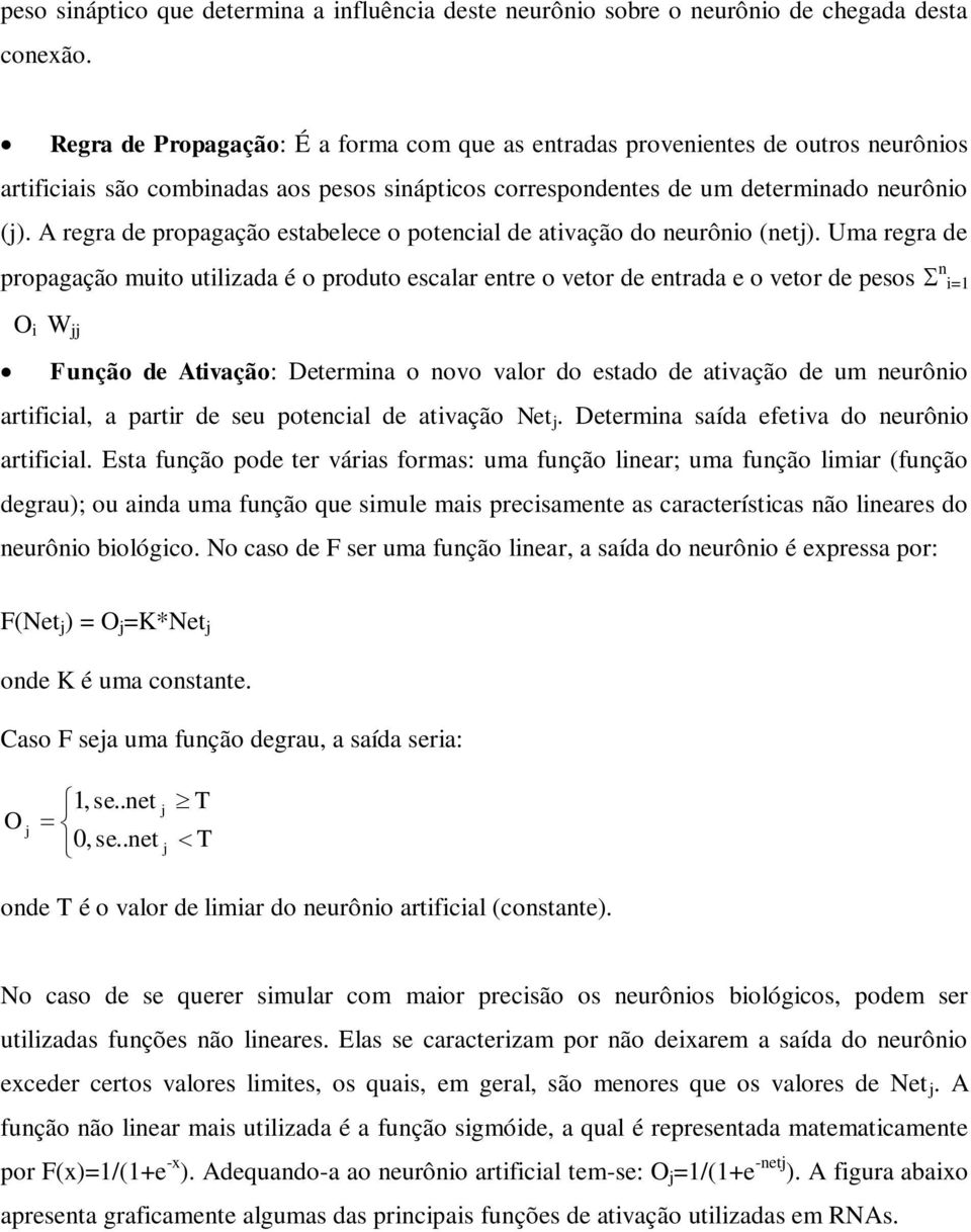 A regra de propagação estabelece o potencial de ativação do neurônio (netj).